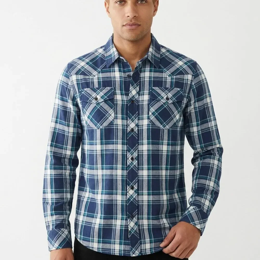True Religion Brand Plaid Relaxed Fit Western Button-Up Shirt Men Size 2XL